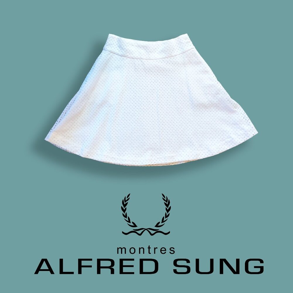 Alfred Sung white eyelet above the knee A line cotton lined tennis flared skirt